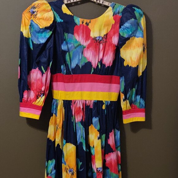 Vintage 1980's Leslie Lucks Floral Midi Navy Blue Dress SIZE 12 - Picture 6 of 9